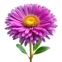 Closeup of a vibrant purple aster flower with yellow center and green leaves on black background png