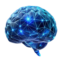 magnificent vintage A holographic projection of a human brain, intricately detailed with neural pathways illuminated by pulsing blue light, in a low-poly, wireframe style 4K png