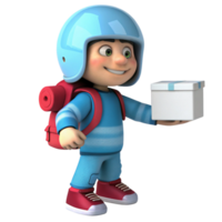 3D Render of a Cute Cartoon Boy Delivering a Package While Wearing a Helmet and Backpack png