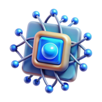 dramatic artistic A single, glowing microchip forming the core of a stylized atom, illuminated by electric blue sparks, in a technical, illustrative style premium png