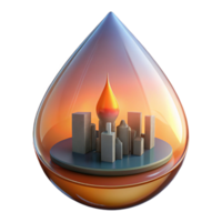 extraordinary artistic A futuristic city skyline reflected in a raindrop on a solar panel, illuminated by a warm, orange sunset glow 4K png