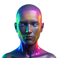serene classic A digital human face composed of binary code, illuminated by a shifting, rainbow gradient, in a glitchy, cyberpunk style high quality png