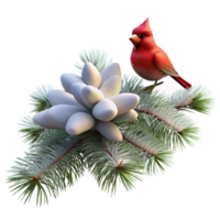 vibrant contemporary A snow-covered pine bough with a single cardinal perched on it, soft winter light, realistic style high resolution png