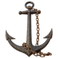 A weathered nautical anchor with a rusty chain on a black background png