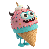Adorable 3D Render of a Happy Ice Cream Monster with Unicorn Horn and Candy Sprinkles png