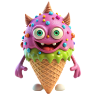 A cheerful cartoon ice cream cone monster with colorful sprinkles and horns png