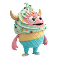 Adorable Ice Cream Monster Cartoon Character Design with Colorful Sprinkles and Waffle Cone Body png
