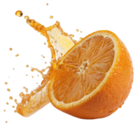A vibrant image of an orange half with splashing juice droplets png