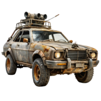 Rusty Post Apocalyptic Mad Max Style Vehicle with Roof Rack and Weapons png