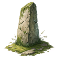 Ancient Stone Monument in a Grassy Meadow with Rocks and Plants png