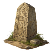 Ancient Stone Carving with Smiling Face and Geometric Designs on a Dirt Ground png
