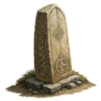 Ancient Stone Monument with Celtic Knotwork and Symbolic Designs png