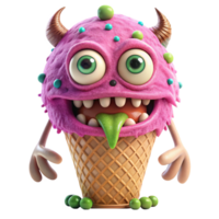 A whimsical 3D rendering of a pink ice cream monster with horns png