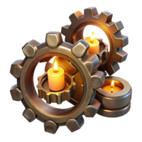 beautiful contemporary Interlocking, metallic gears and cogs, with a rusted, steampunk texture, illuminated by a warm, flickering candlelight original png