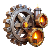beautiful modern Interlocking, metallic gears and cogs, with a rusted, steampunk texture, illuminated by a warm, flickering candlelight detailed png