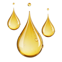 Three Golden Oil Drops Falling on Black Background Showing Translucence and Bubbles png