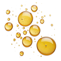 Abstract image of golden yellow oil drops floating on a black background showing various sizes and shapes of the droplets png