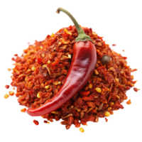 A vibrant red chili pepper rests atop a generous mound of its own crushed flakes, creating a visually stunning display of spice and flavor png