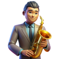dramatic artistic Portrait of a musician with a soulful expression, holding a saxophone, illuminated by the warm glow of a jazz club stage, in a smooth, Art Deco style professional png
