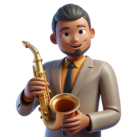 beautiful rustic Portrait of a musician with a soulful expression, holding a saxophone, illuminated by the warm glow of a jazz club stage, in a smooth, Art Deco style premium png