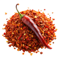 A single red chili pepper rests atop a pile of vibrant red chili flakes and pieces png