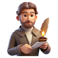 stunning abstract Portrait of a writer with a pensive expression, holding a quill and parchment, lit by the soft glow of a candle, in a vintage, Romantic style high quality png