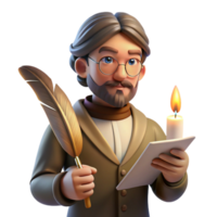 impressive contemporary Portrait of a writer with a pensive expression, holding a quill and parchment, lit by the soft glow of a candle, in a vintage, Romantic style premium png