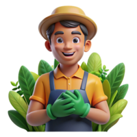 dramatic artistic Portrait of a gardener with dirt-stained hands and a gentle smile, surrounded by lush greenery, lit by warm, dappled sunlight, in a botanical illustration style high resolution png
