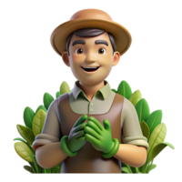 extraordinary classic Portrait of a gardener with dirt-stained hands and a gentle smile, surrounded by lush greenery, lit by warm, dappled sunlight, in a botanical illustration style original png