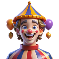 elegant classic Portrait of a jester with a mischievous grin and colorful makeup, illuminated by the bright lights of a circus tent, in a whimsical, cartoonish style high quality png