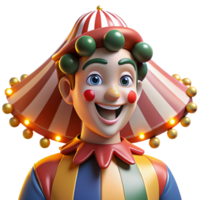 dramatic traditional Portrait of a jester with a mischievous grin and colorful makeup, illuminated by the bright lights of a circus tent, in a whimsical, cartoonish style premium png