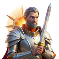 dramatic contemporary Portrait of a knight in shining armor, holding a sword, lit by the dramatic rays of a setting sun, in a heroic, fantasy style detailed png