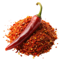 A vibrant red chili pepper rests atop a mound of its own crushed flakes and seeds, creating a visually appealing and spicy image perfect for food blogs, recipe websites, or spice packaging png