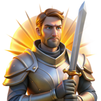 magnificent rustic Portrait of a knight in shining armor, holding a sword, lit by the dramatic rays of a setting sun, in a heroic, fantasy style high quality png