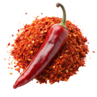 A vibrant red chili pepper rests atop a generous mound of its crushed and dried counterpart, creating a visually appealing and spicy scene perfect for culinary applications or food photography png