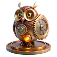 beautiful vintage A majestic steampunk clockwork owl with gears and springs visible beneath bronze feathers, perched on a copper cog, illuminated by a cool, ethereal glow original png