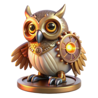 vibrant artistic A majestic steampunk clockwork owl with gears and springs visible beneath bronze feathers, perched on a copper cog, illuminated by a cool, ethereal glow premium png