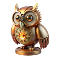 magnificent minimalist A majestic steampunk clockwork owl with gears and springs visible beneath bronze feathers, perched on a copper cog, illuminated by a cool, ethereal glow 4K png