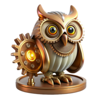 serene vintage A majestic steampunk clockwork owl with gears and springs visible beneath bronze feathers, perched on a copper cog, illuminated by a cool, ethereal glow 4K png