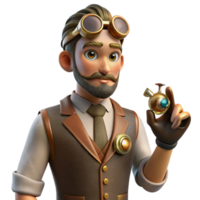 impressive minimalist A portrait of a steampunk inventor in a velvet waistcoat and goggles, holding a miniature automaton, lit by a soft, diffused light in a painterly style high quality png