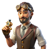 elegant artistic A portrait of a steampunk inventor in a velvet waistcoat and goggles, holding a miniature automaton, lit by a soft, diffused light in a painterly style detailed png
