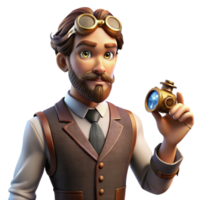 vibrant creative A portrait of a steampunk inventor in a velvet waistcoat and goggles, holding a miniature automaton, lit by a soft, diffused light in a painterly style high quality png