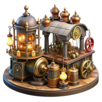 impressive artistic A bustling steampunk marketplace filled with intricate automatons, brass gadgets, and cogwheel contraptions, illuminated by warm, flickering gaslight high quality png
