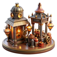 wonderful classic A bustling steampunk marketplace filled with intricate automatons, brass gadgets, and cogwheel contraptions, illuminated by warm, flickering gaslight premium png