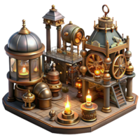 wonderful abstract A bustling steampunk marketplace filled with intricate automatons, brass gadgets, and cogwheel contraptions, illuminated by warm, flickering gaslight original png