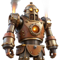 wonderful artistic A towering steampunk robot with riveted iron plates, exposed gears, and glowing steam vents, lit by a dramatic, low-angle light 4K png