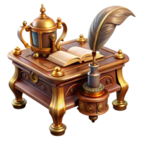 wonderful modern An elegant steampunk writing desk with intricate brass inlays, clockwork mechanisms, and a quill pen, lit by a soft, diffused light authentic png