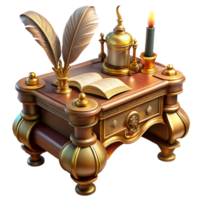 beautiful artistic An elegant steampunk writing desk with intricate brass inlays, clockwork mechanisms, and a quill pen, lit by a soft, diffused light original png
