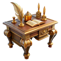 extraordinary modern An elegant steampunk writing desk with intricate brass inlays, clockwork mechanisms, and a quill pen, lit by a soft, diffused light 4K png