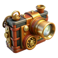 dramatic rustic A vintage steampunk camera with brass lenses, intricate gears, and a leather strap, lit by a warm, nostalgic light detailed png